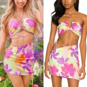 SET For Love & Lemons X Revolve Monique Mini Skirt + top Pink Floral S